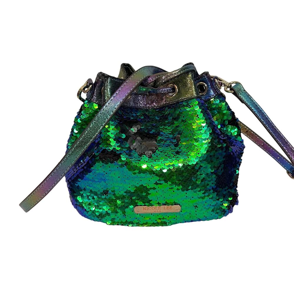 NICOLE LEE Shoulder Bucket Bag Sequins Drawstring Green Purple USA